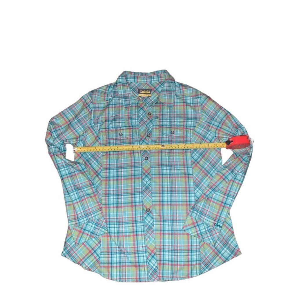 Cabelas Shirt Womens M Aqua Red Yellow Plaid  Long Sleeve Button Up Outdoor Nice